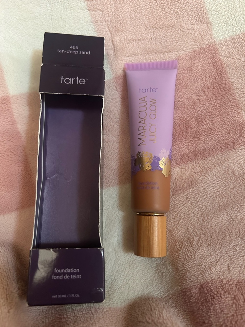 tarte Maracuja Juicy Glow Foundation — Tan/Deep Sand (purple & brown packaging)